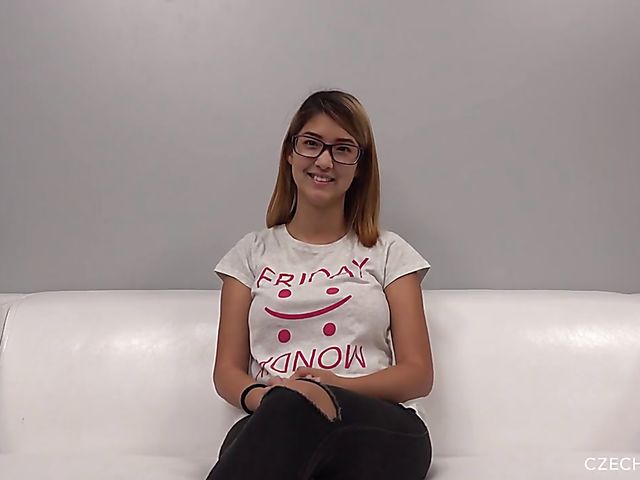 Nice girl with glasses Katka is ready to show her big natural boobs for the first time