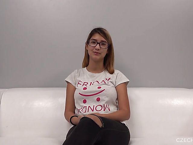 Nice girl with glasses Katka is ready to show her big natural boobs for the first time
