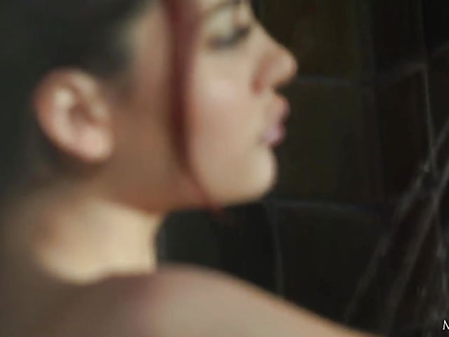 Red-haired Sabina Rouge solo fingering in stockings before shower masturbation