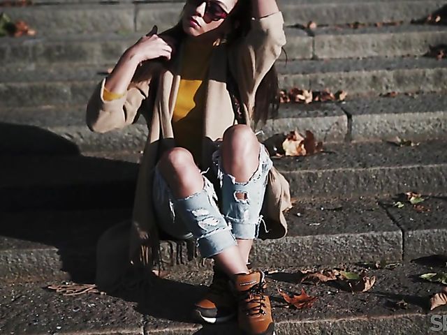 Skinny lesbian girls  Lorena B and Sabrisse A make love on the couch