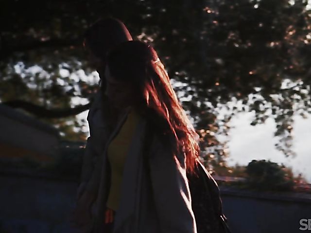 Skinny lesbian girls  Lorena B and Sabrisse A make love on the couch