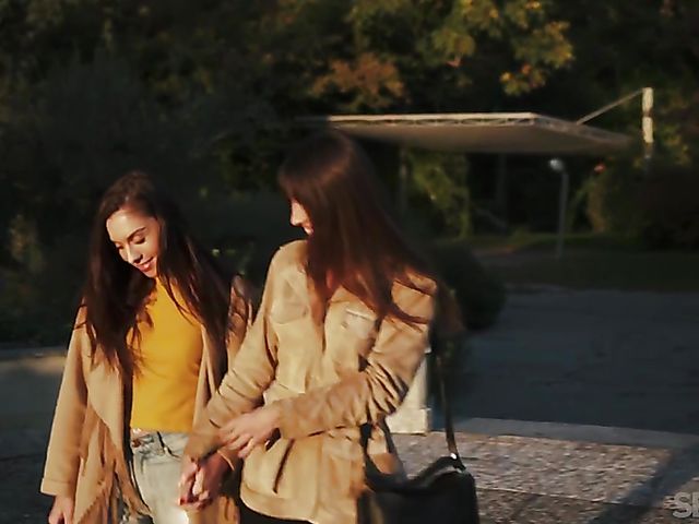 Skinny lesbian girls  Lorena B and Sabrisse A make love on the couch