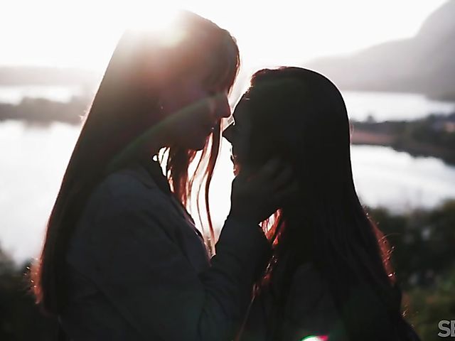 Skinny lesbian girls  Lorena B and Sabrisse A make love on the couch