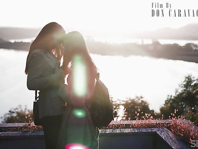 Skinny lesbian girls  Lorena B and Sabrisse A make love on the couch