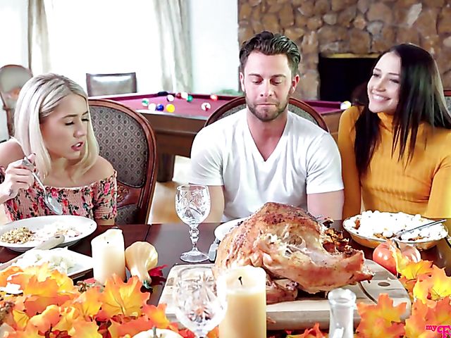Family threesome on Thanksgiving with stepsisters Avi Love and Paisley Bennett