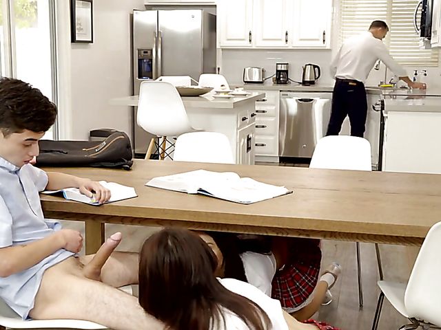 Sneaky blowjob under the table and schoolgirl threesome in the kitchen with Eliza Ibarra and Jane Wilde