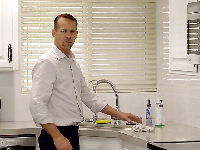 Sneaky blowjob under the table and schoolgirl threesome in the kitchen with Eliza Ibarra and Jane Wilde