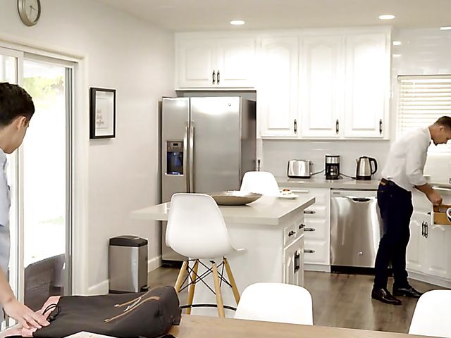 Sneaky blowjob under the table and schoolgirl threesome in the kitchen with Eliza Ibarra and Jane Wilde