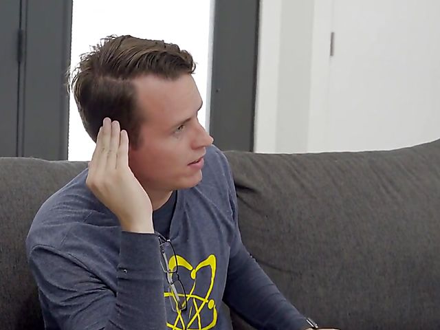 Fully clothed guy gets his cock shared by Emma Hix and Jay Taylor in Big Bang porn parody