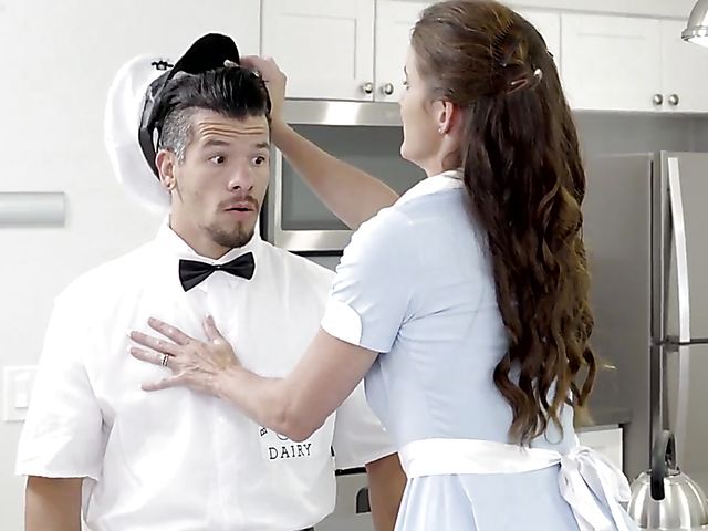 Skinny milf maid Sofie Marie fucks a milkman after breakfast