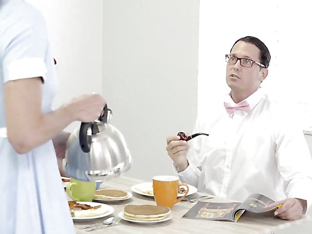 Skinny milf maid Sofie Marie fucks a milkman after breakfast