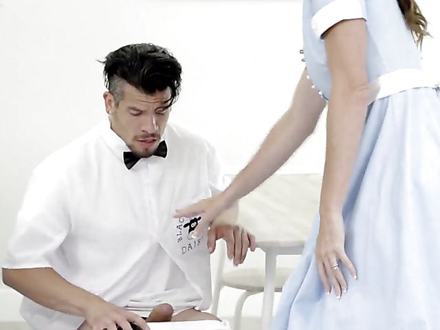 Skinny milf maid Sofie Marie fucks a milkman after breakfast