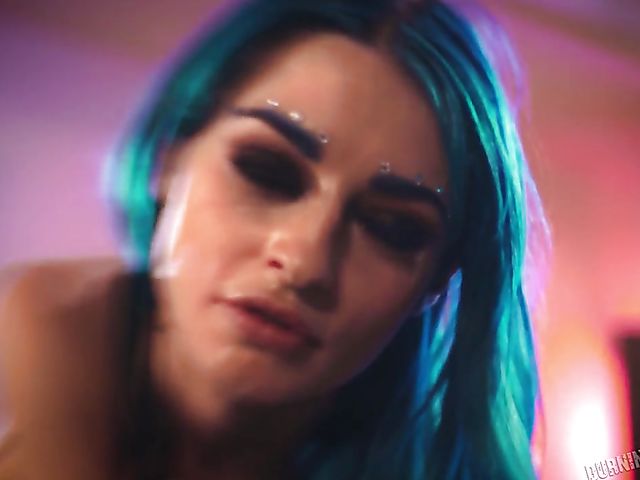 Blue hair girl with fake tits Jewelz Blu gets nailed by her tattooed lover