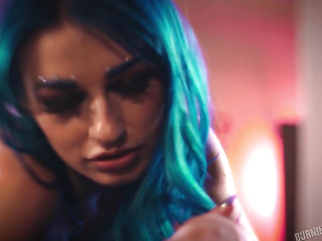 Blue hair girl with fake tits Jewelz Blu gets nailed by her tattooed lover