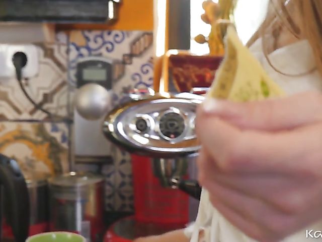 Young skinny Monika Wild gets slammed in the kitchen