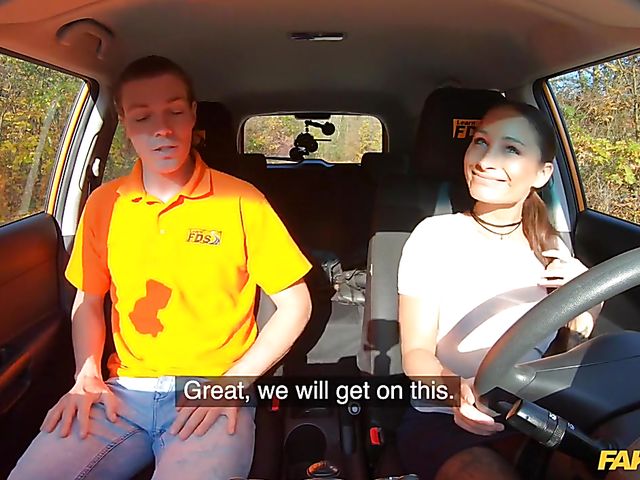 Car fuck in black stockings for Sanny Luke's driving license 