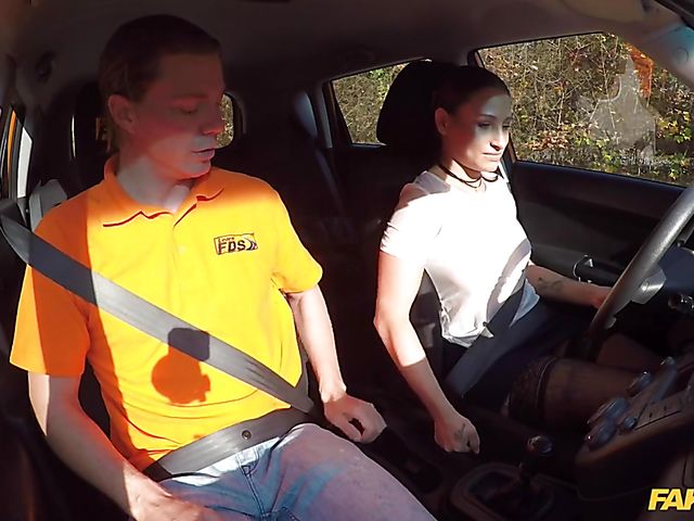Car fuck in black stockings for Sanny Luke's driving license 