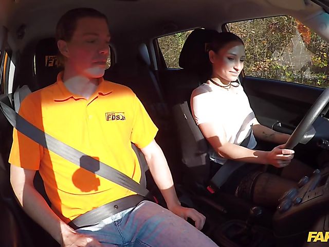 Car fuck in black stockings for Sanny Luke's driving license 