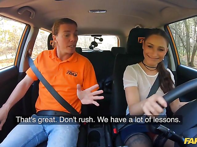 Car fuck in black stockings for Sanny Luke's driving license 