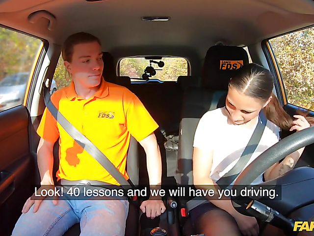 Car fuck in black stockings for Sanny Luke's driving license 