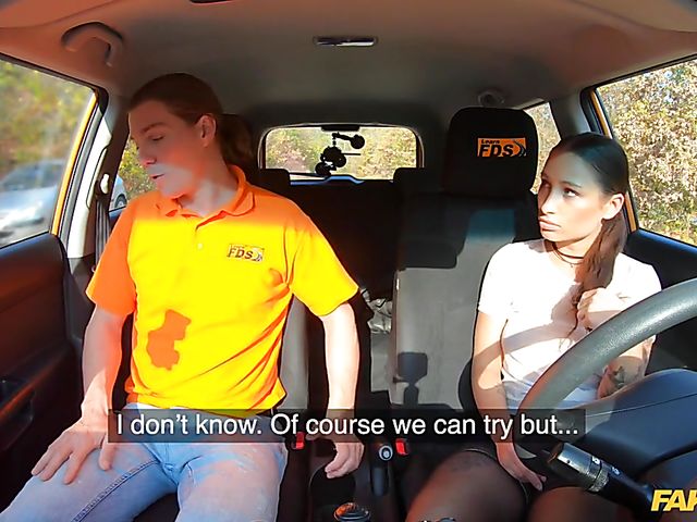 Car fuck in black stockings for Sanny Luke's driving license 