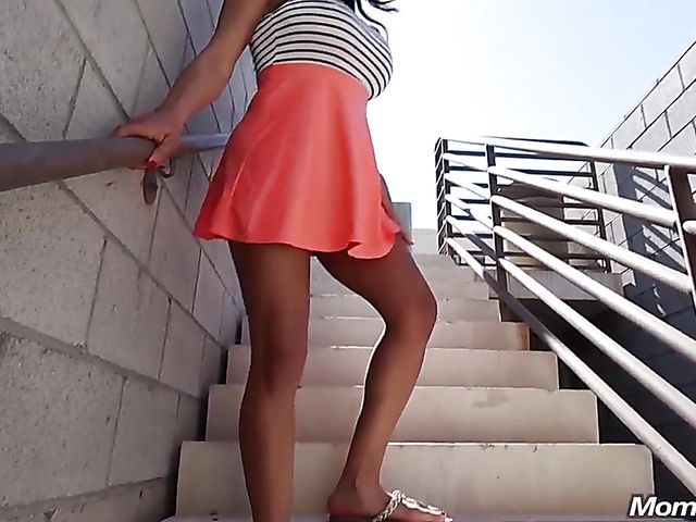 Busty ebony MILF public spreading and fucking POV