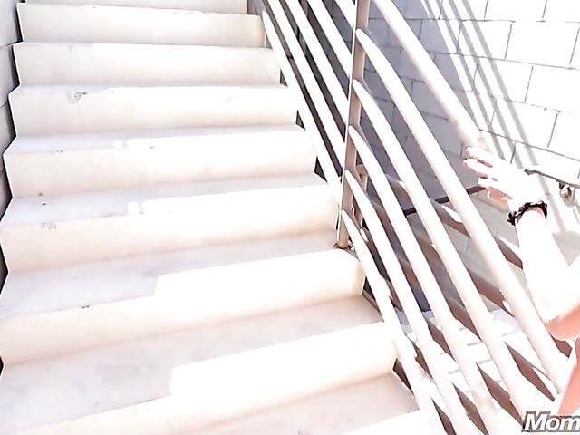 Busty ebony MILF public spreading and fucking POV