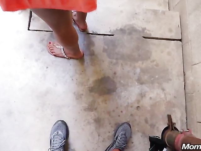 Busty ebony MILF public spreading and fucking POV