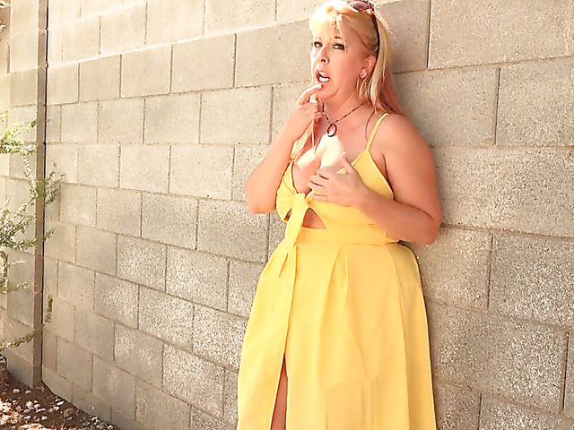 Joclyn Stone - Mature fingering and dildoing her plump pussy in her yellow summer dress