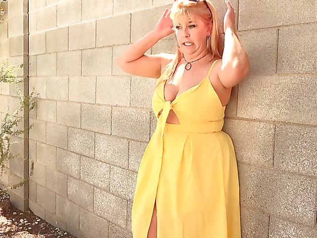 Joclyn Stone - Mature fingering and dildoing her plump pussy in her yellow summer dress