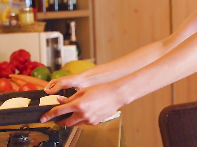 Skinny strip tease in the kitchen while cooking with Lea Rose