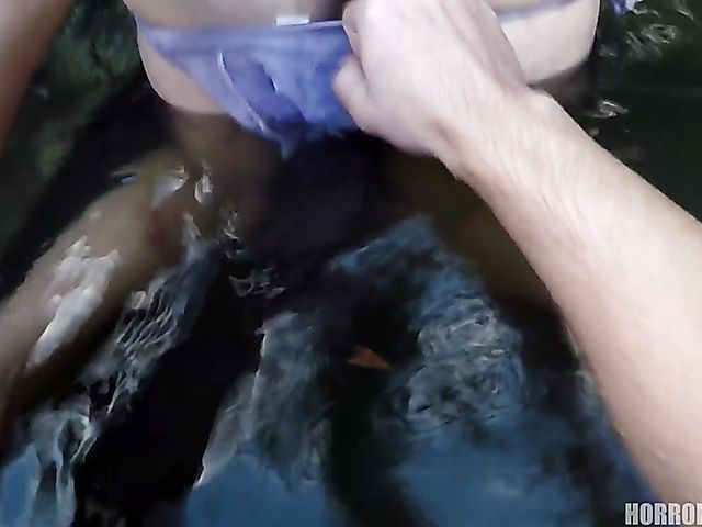 Dirty outdoor POV in ripped bikini by the lake