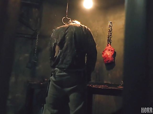 Masked butcher fucks his shaved and hairy sex slaves