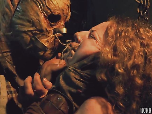 Masked butcher fucks his shaved and hairy sex slaves