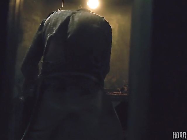 Masked butcher fucks his shaved and hairy sex slaves