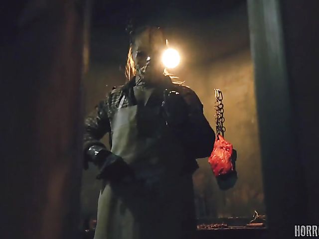 Masked butcher fucks his shaved and hairy sex slaves