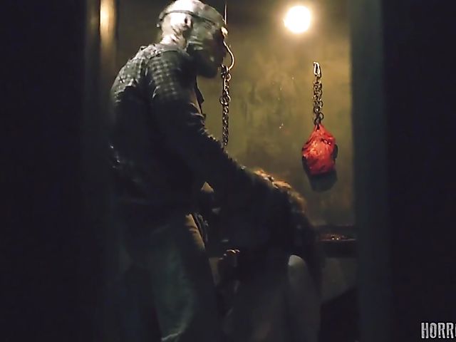 Masked butcher fucks his shaved and hairy sex slaves