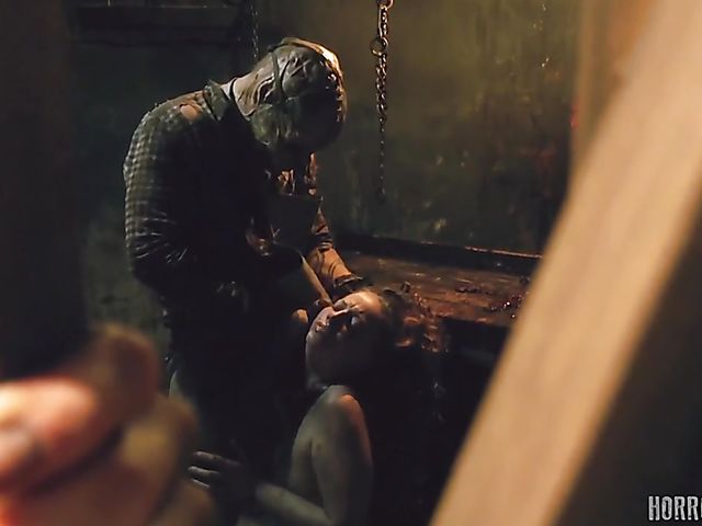 Masked butcher fucks his shaved and hairy sex slaves