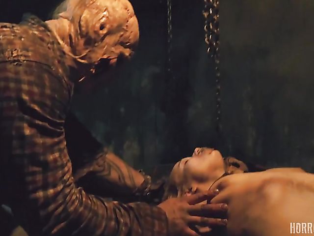 Masked butcher fucks his shaved and hairy sex slaves