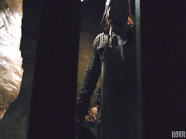 Masked butcher fucks his shaved and hairy sex slaves