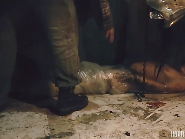 Masked butcher fucks his shaved and hairy sex slaves