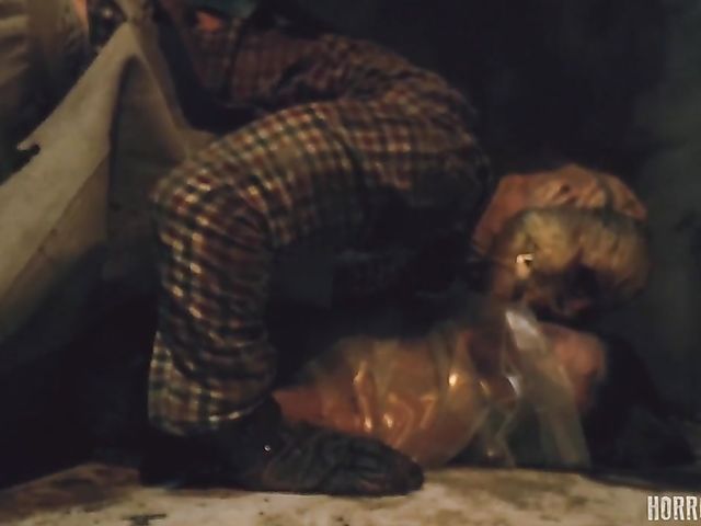 Masked butcher fucks his shaved and hairy sex slaves