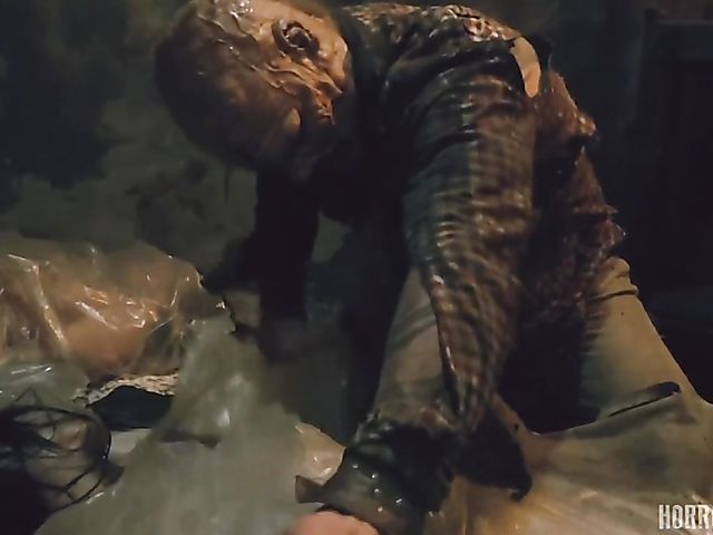 Masked butcher fucks his shaved and hairy sex slaves