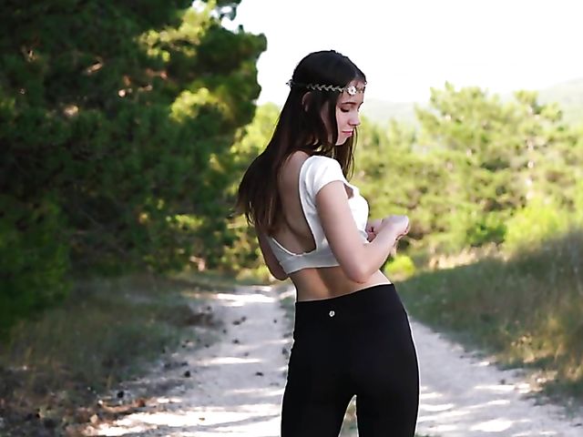 Fit skinny teen strip and finger masturbation on the road with Trasy