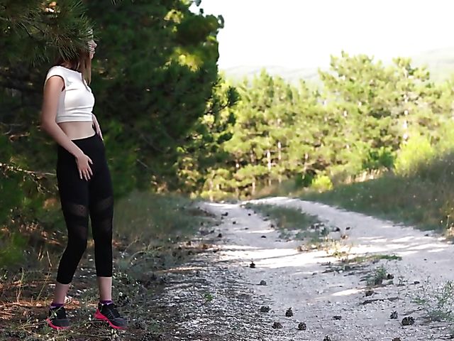 Fit skinny teen strip and finger masturbation on the road with Trasy