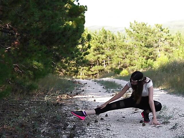 Fit skinny teen strip and finger masturbation on the road with Trasy