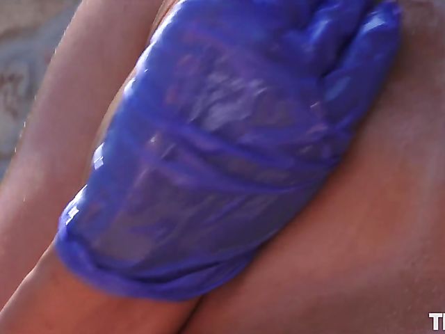 Vicky Love - Oiled wet masturbation outside wearing purple gloves