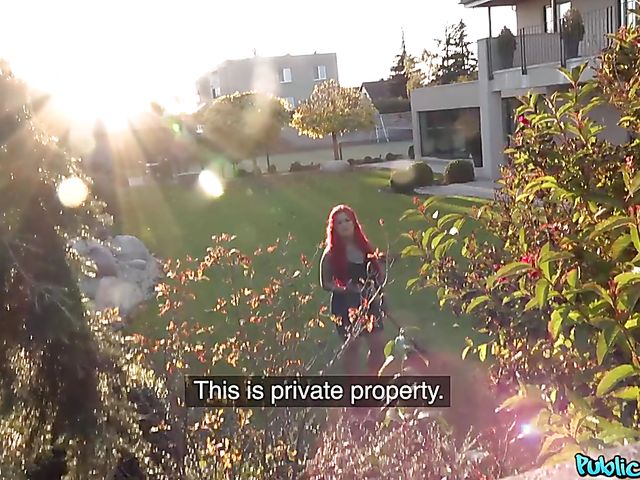 Red-haired busty POV slut with tattoos Sabien DeMonia blows and fucks in the garden for money