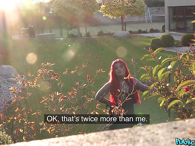 Red-haired busty POV slut with tattoos Sabien DeMonia blows and fucks in the garden for money