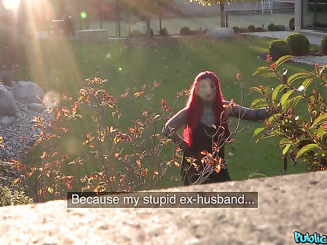 Red-haired busty POV slut with tattoos Sabien DeMonia blows and fucks in the garden for money